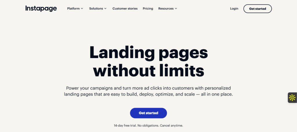 Interface du logiciel Instapage