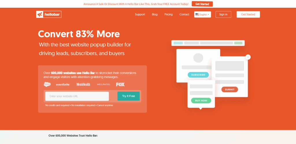 Interface du logiciel Hello Bar
