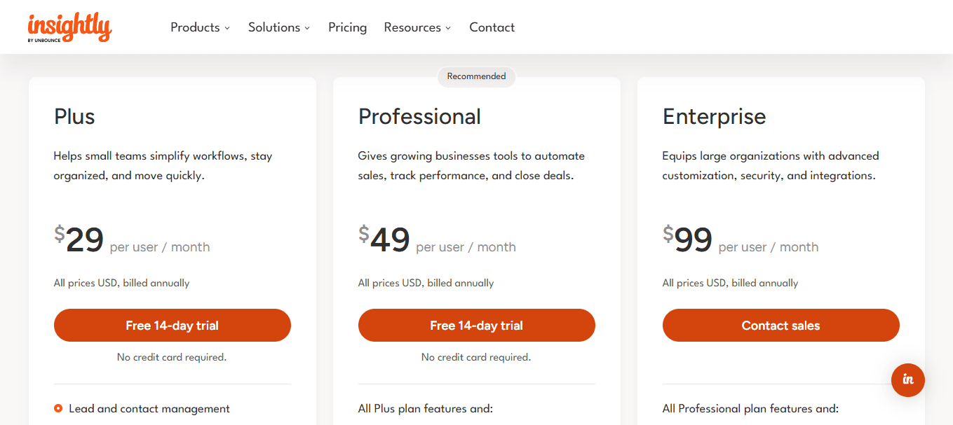 Les tarifs du logiciel Insightly