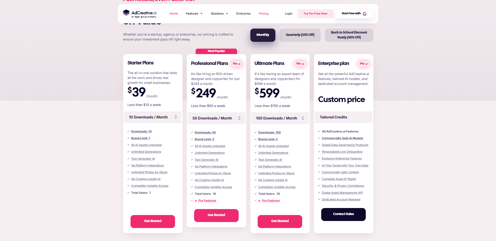 Les tarifs du logiciel AdCreative.ai