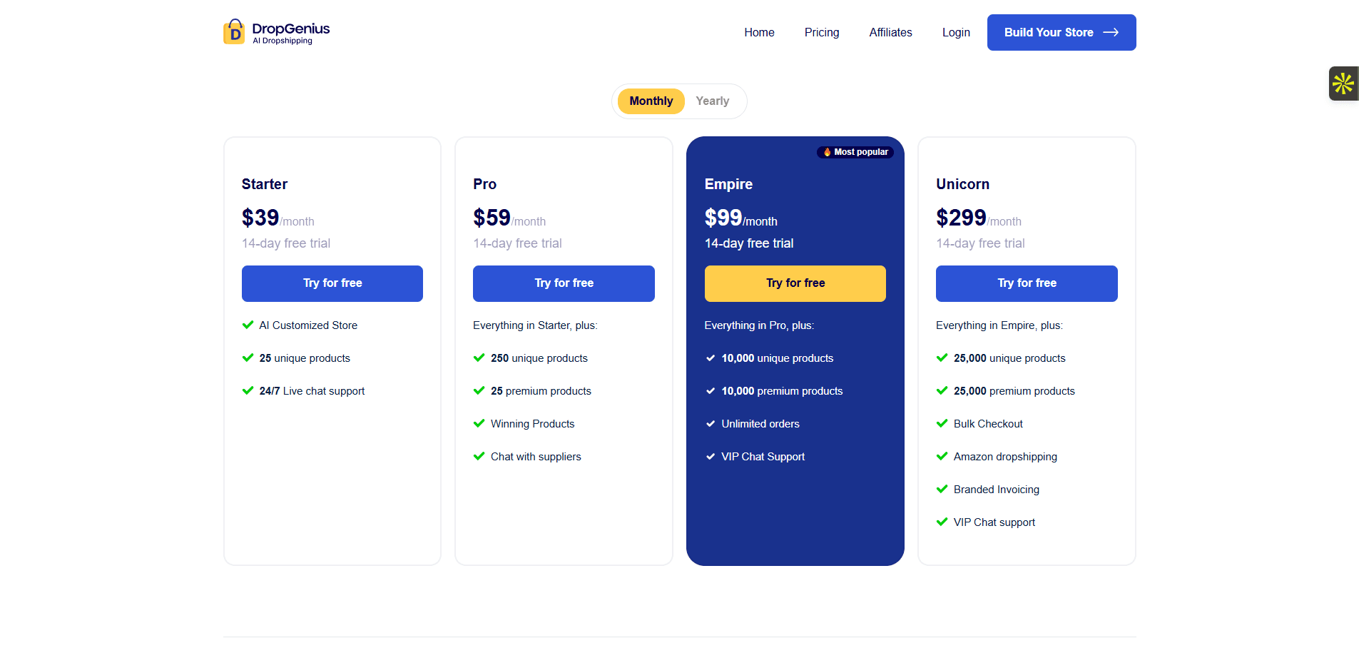 Les tarifs du logiciel DropGenius
