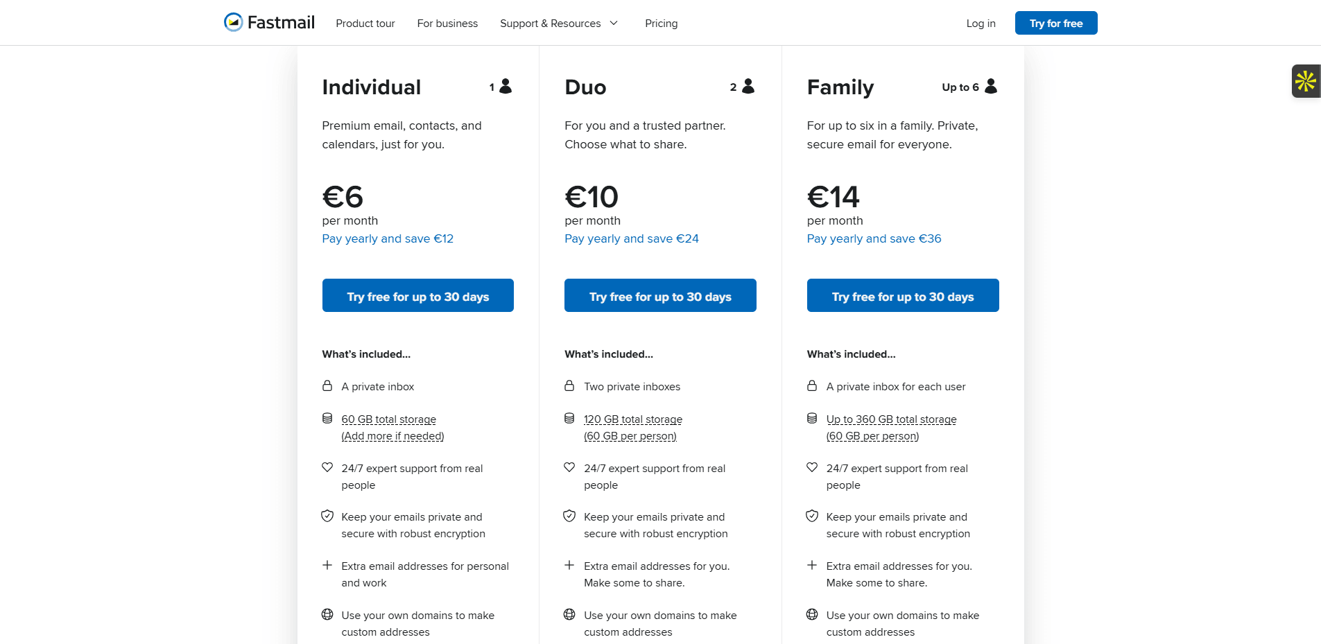 Les tarifs du logiciel Fastmail