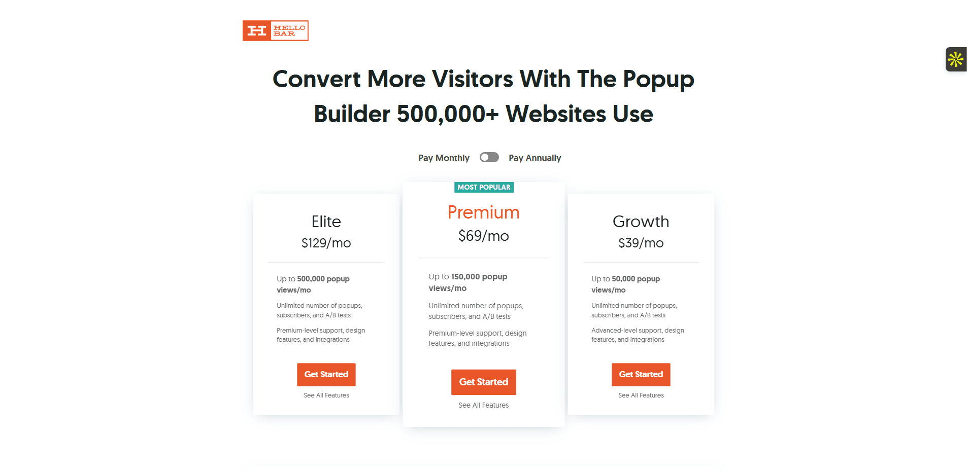 Les tarifs du logiciel Hello Bar