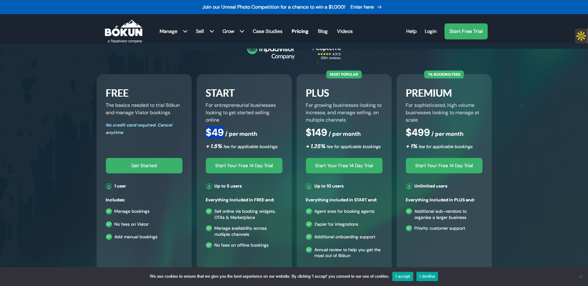Les tarifs du logiciel Bokun