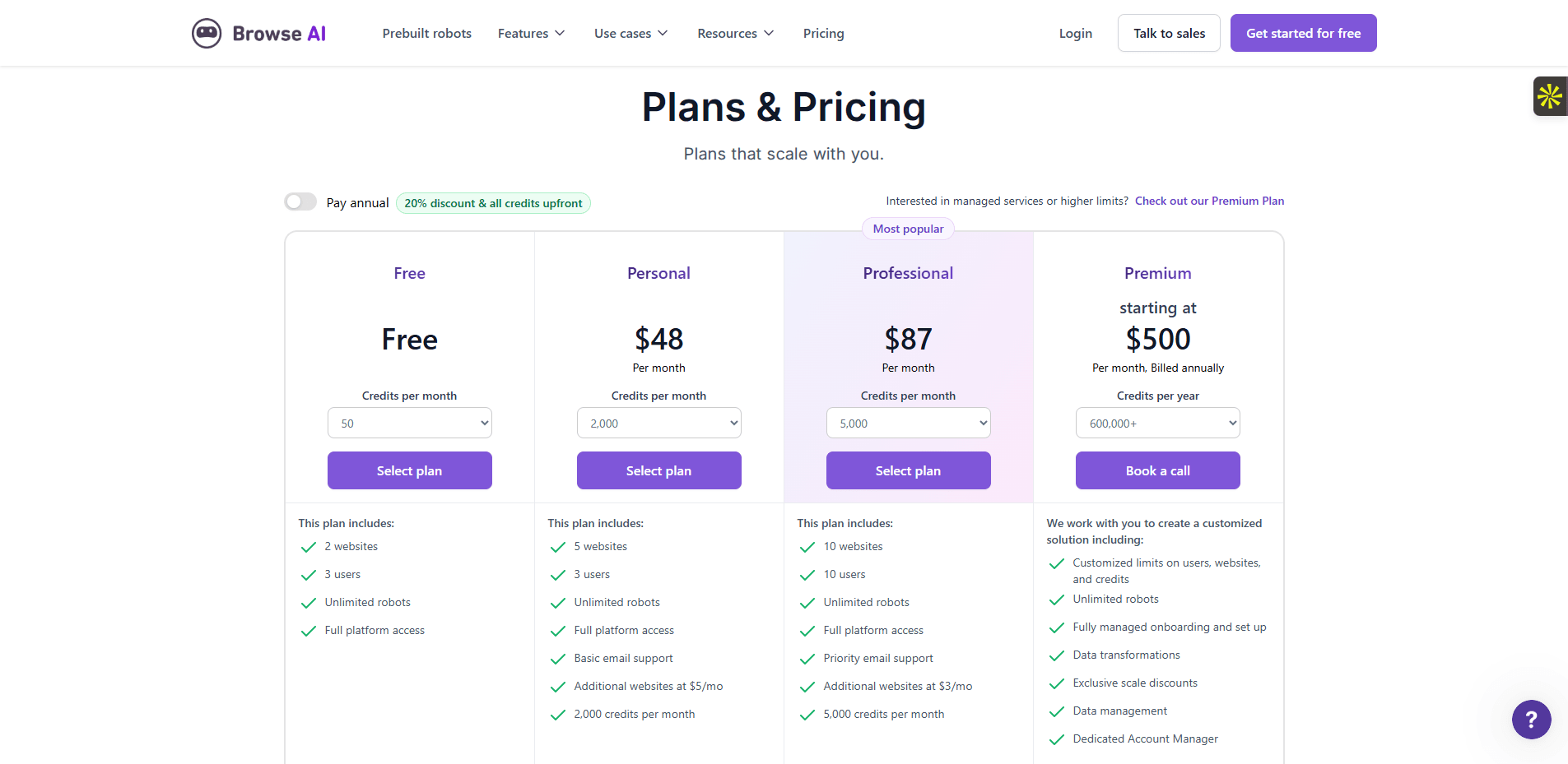 Les tarifs du logiciel Browse AI