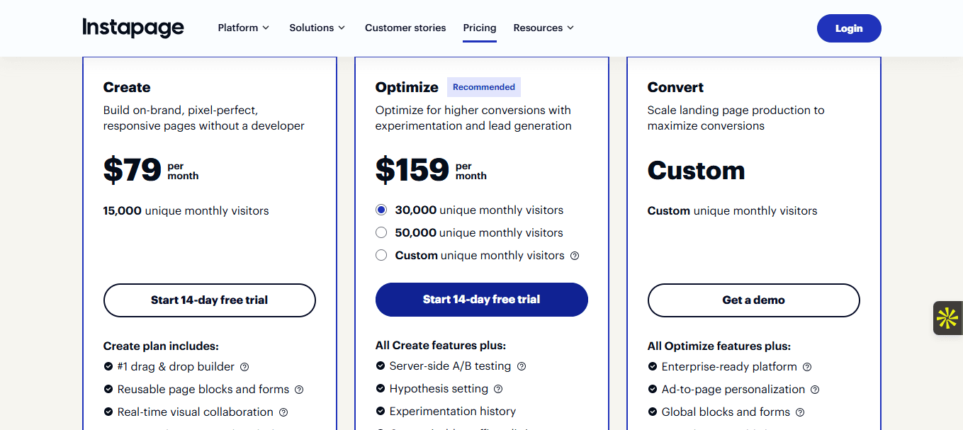 Les tarifs du logiciel Instapage