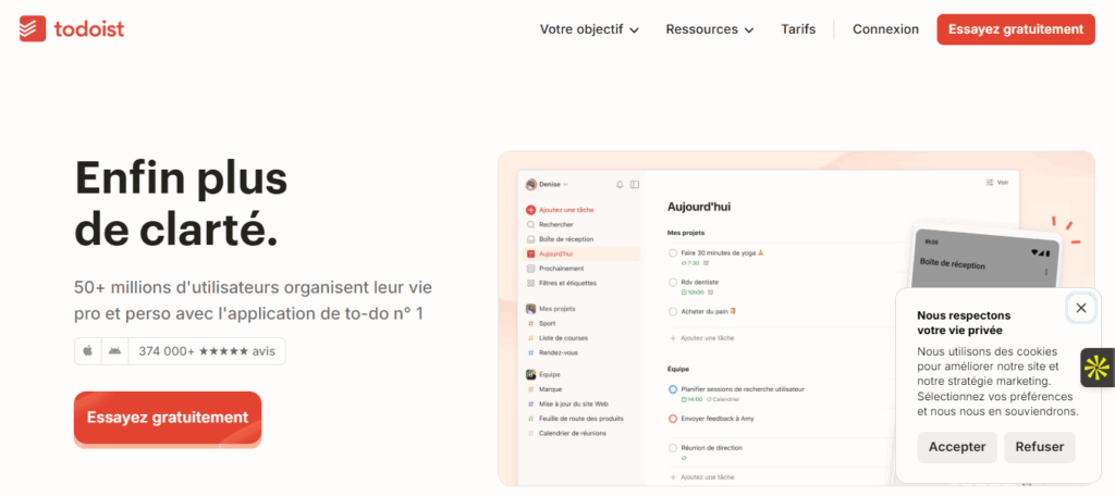 Interface du logiciel Todoist