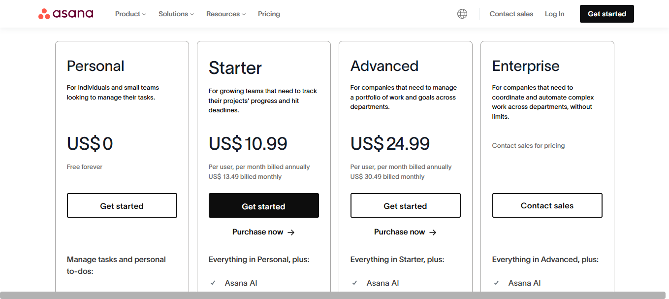 Les tarifs du logiciel Asana