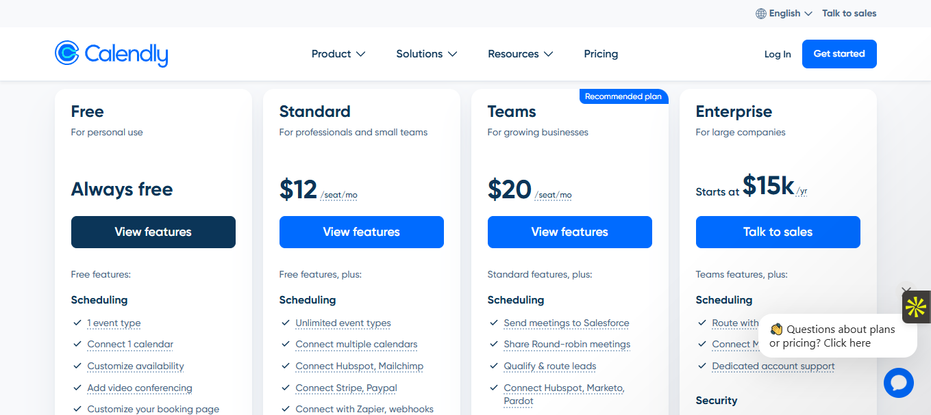Les tarifs du logiciel Calendly