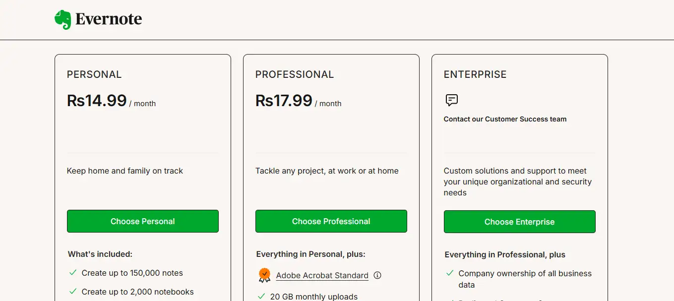 Les tarifs du logiciel Evernote