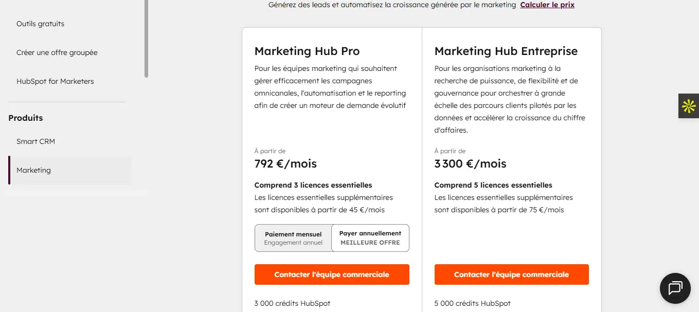 Les tarifs du logiciel HubSpot