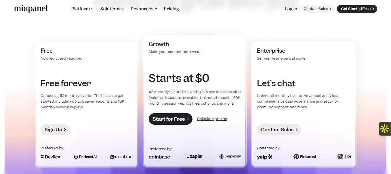 Les tarifs du logiciel Mixpanel