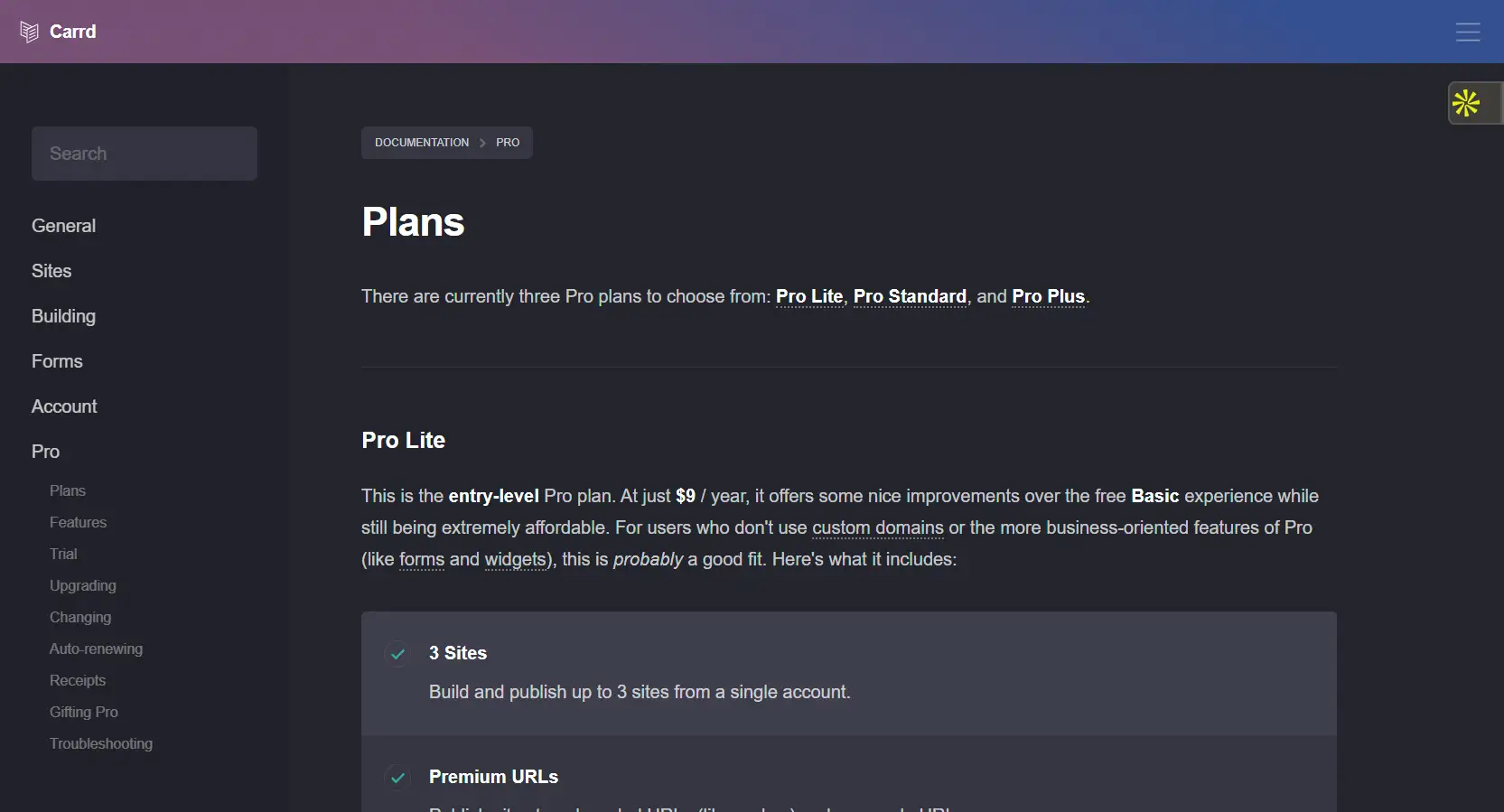 Les tarifs du logiciel Carrd