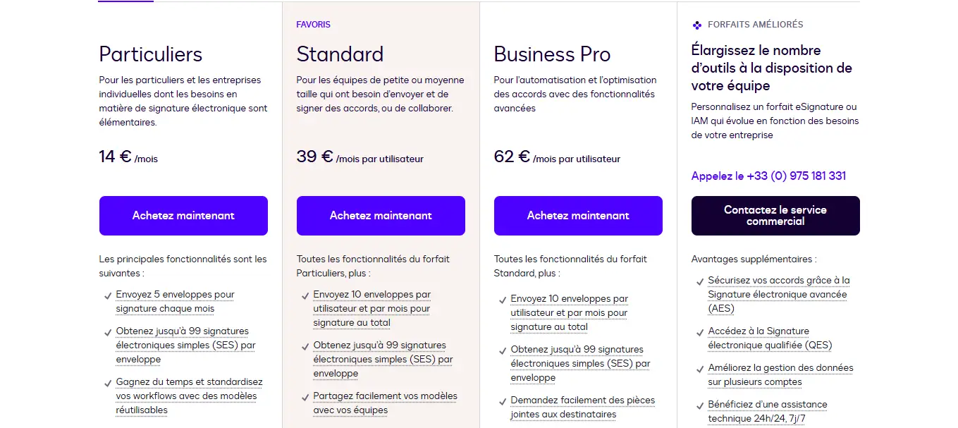 Les tarifs du logiciel DocuSign