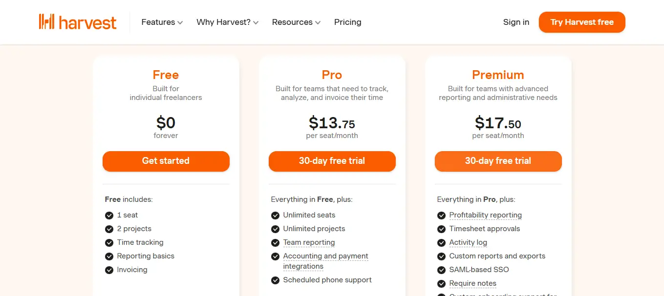 Les tarifs du logiciel Harvest