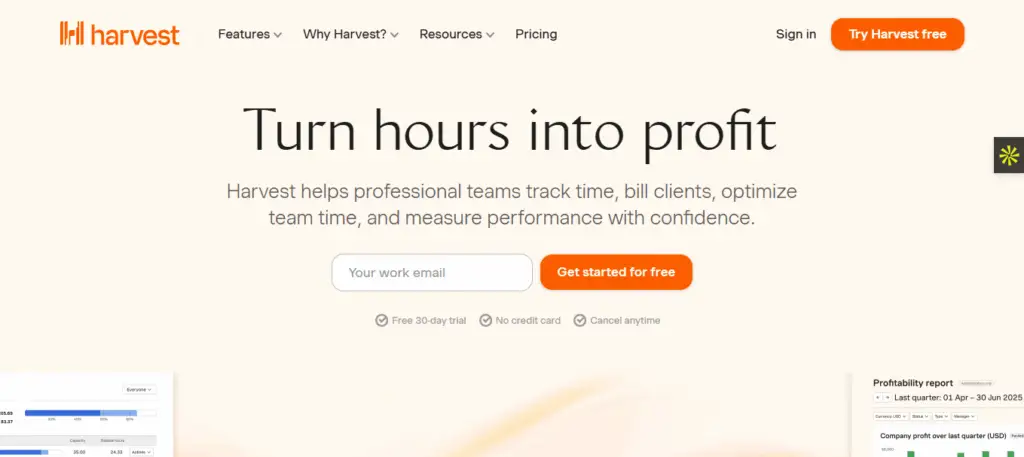 Interface du logiciel Harvest