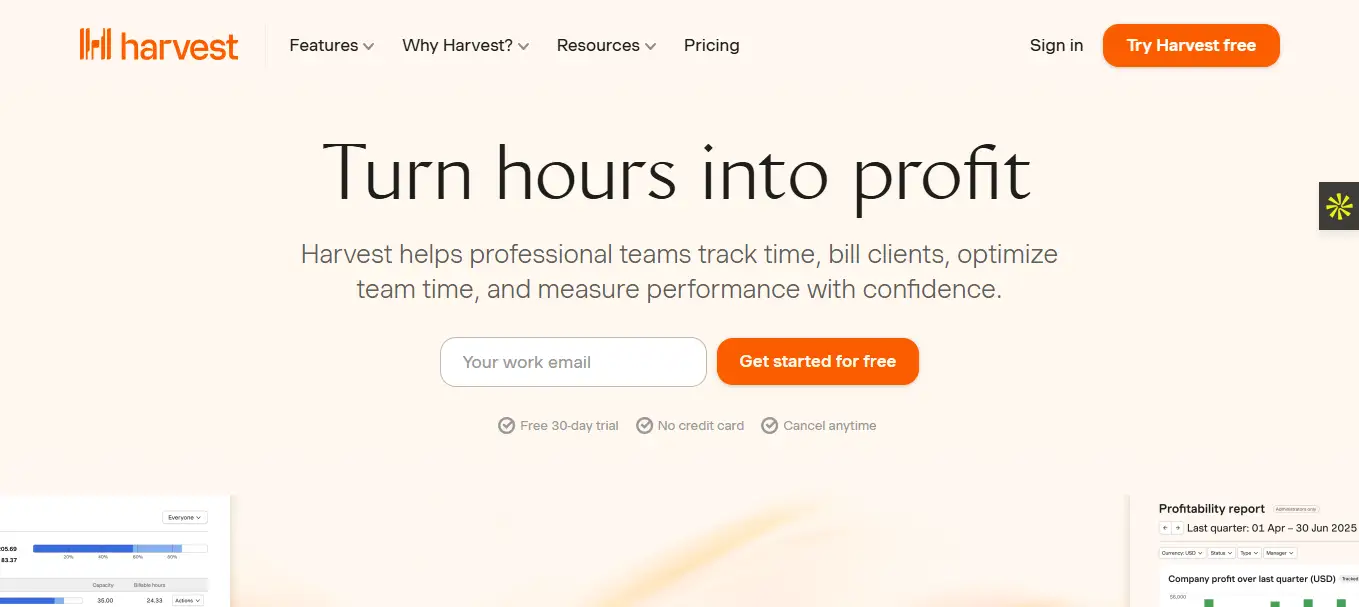 Interface du logiciel Harvest