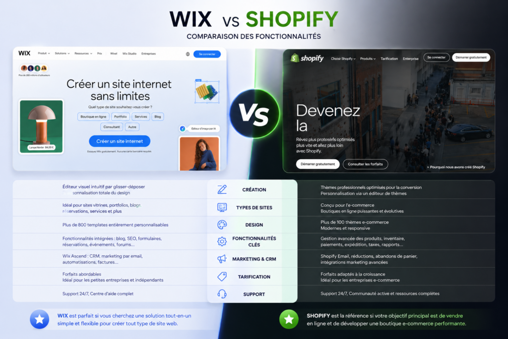 fonctionnalité wix vs shopify